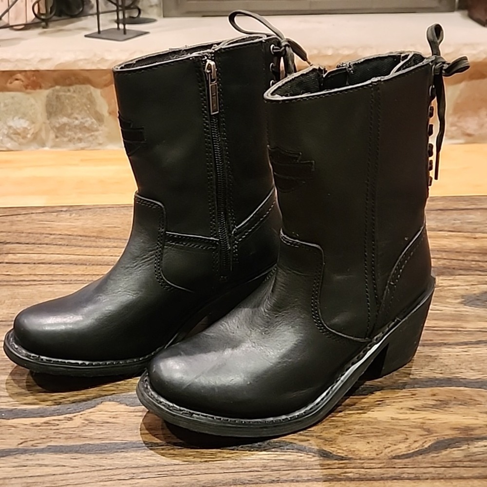 Harley Davidson Leather Black Boots Side Zip Lace Back Womens Size 5.5 - Picture 4 of 10